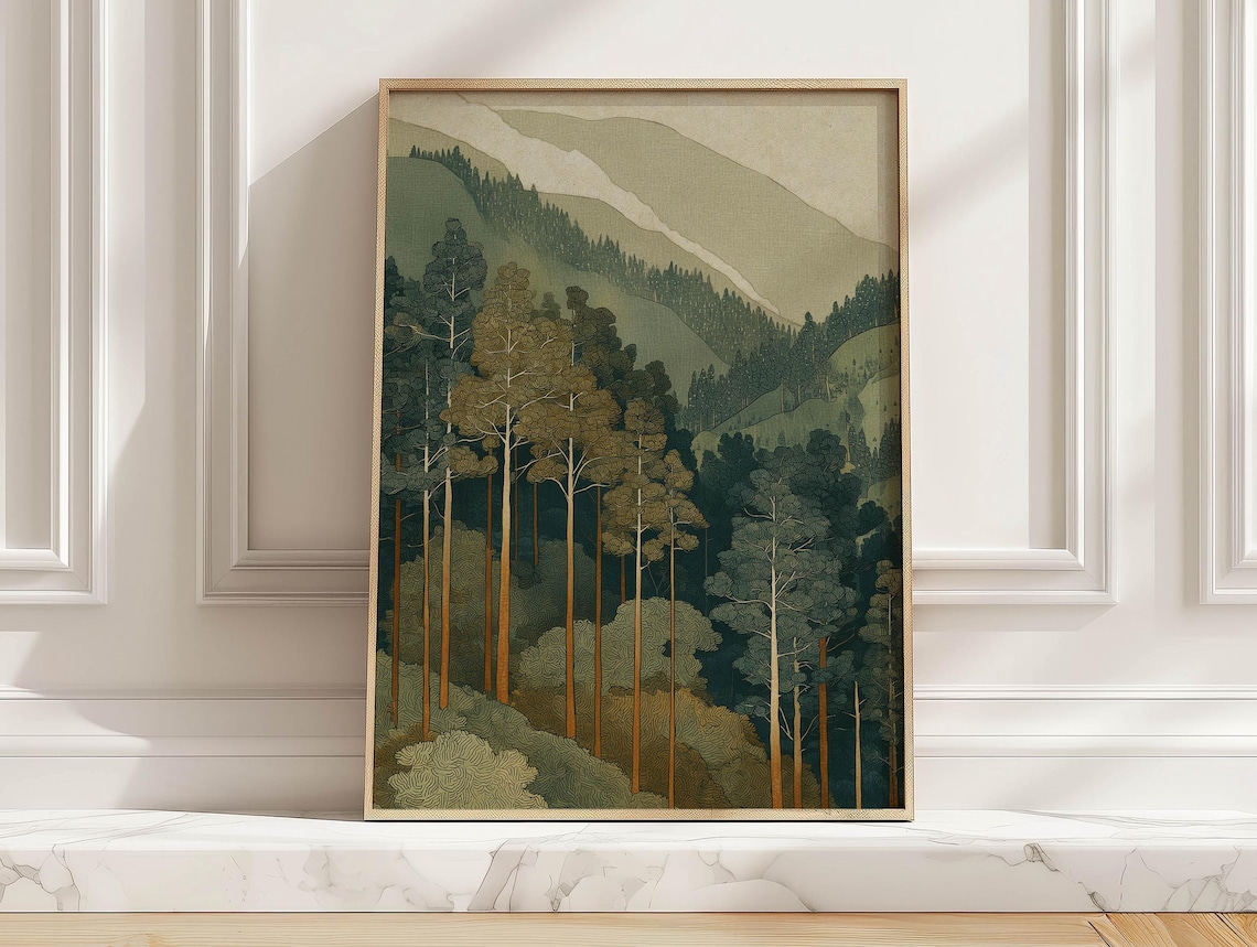 Vintage Pine Forest Mountain Landscape in Moody Green Woodblock Style Poster