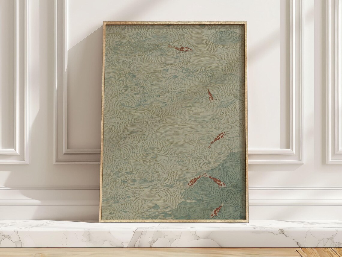 Minimal Koi Pond Japanese Fish Print, Japandi Decor