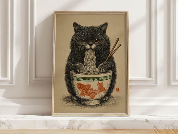 Vintage Noodle Cat Art Print, Funny Japandi Poster