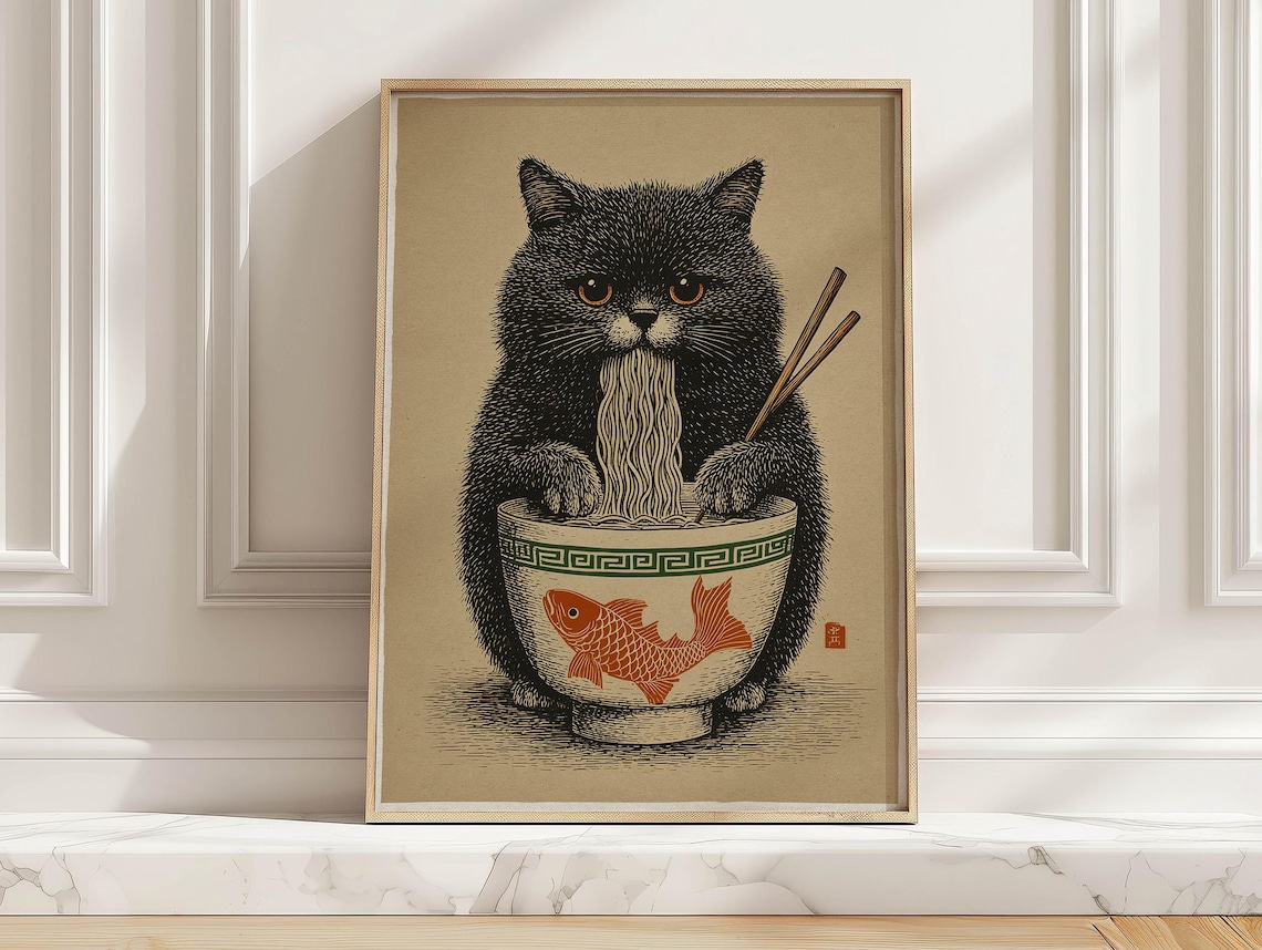 Vintage Noodle Cat Art Print, Funny Japandi Poster