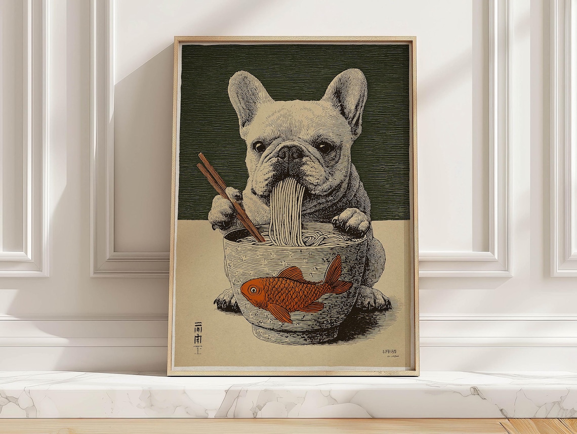 French Bulldog Eating Ramen Art Print, Japanese Kitchen