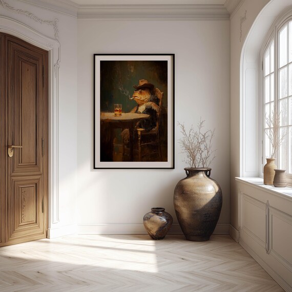 Whiskey Frog Cowboy Hat Smoking Funny Western Oil Painting Poster
