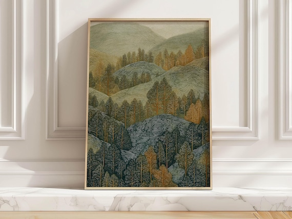 Layered Forest Hills Rustic Scandinavian Line Art Nature Poster