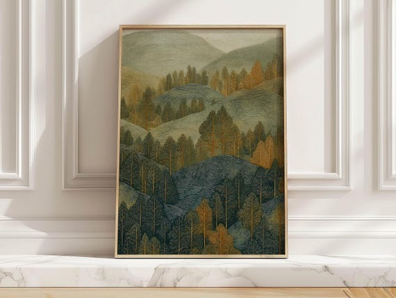 Modern Rustic Forest Art Print Scandinavian Mountain Tree Landscape Poster Cozy Cabin Style Living Room Wall Decor