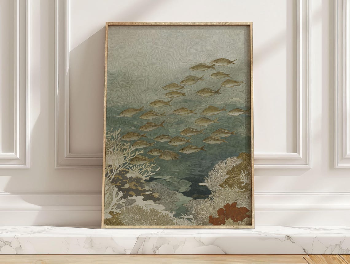 Coastal Fish School Coral Reef Teal Blue Underwater Art Poster