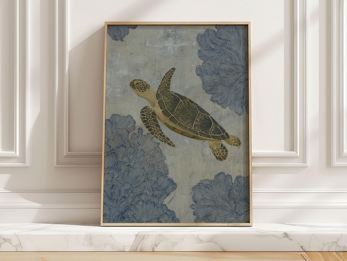 Blue Ocean Turtle Poster, Minimalist Sea Life