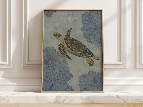Blue Ocean Turtle Poster, Minimalist Sea Life
