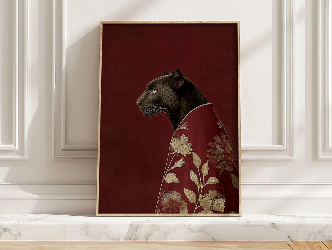 Black Panther Red Robe Poster Elegant Floral Animal Portrait Room Art