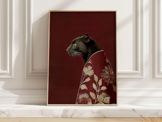 Black Panther Red Robe Poster Elegant Floral Animal Portrait Room Art