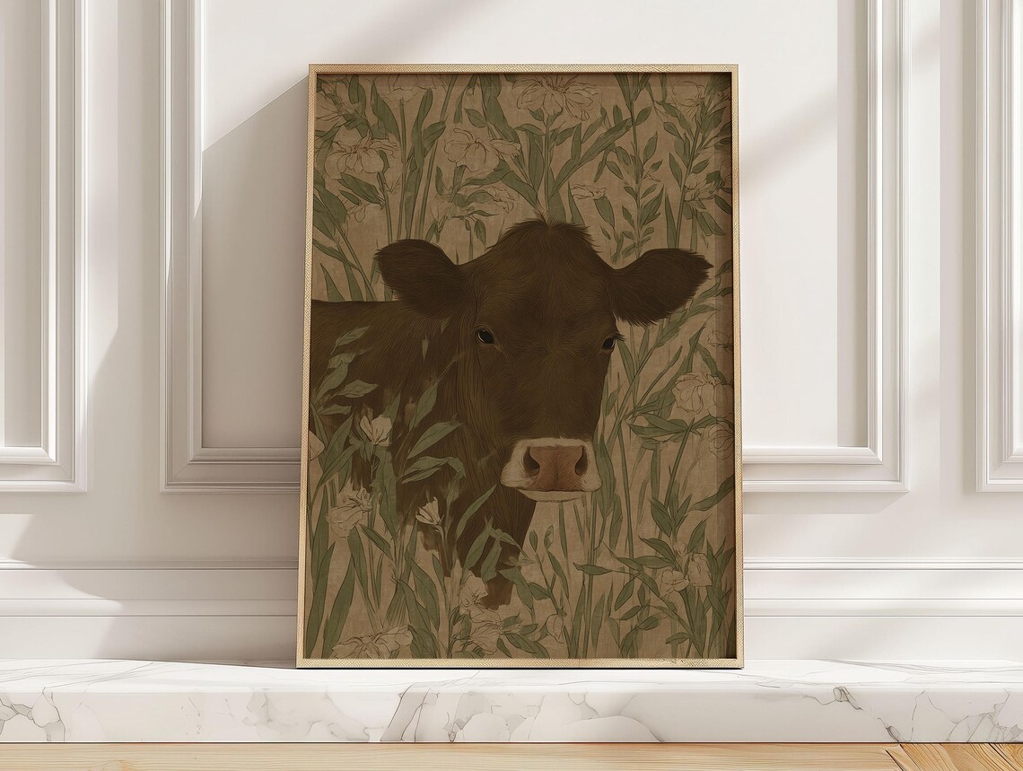 Minimalist Vintage Cow Poster Print, Rustic Country