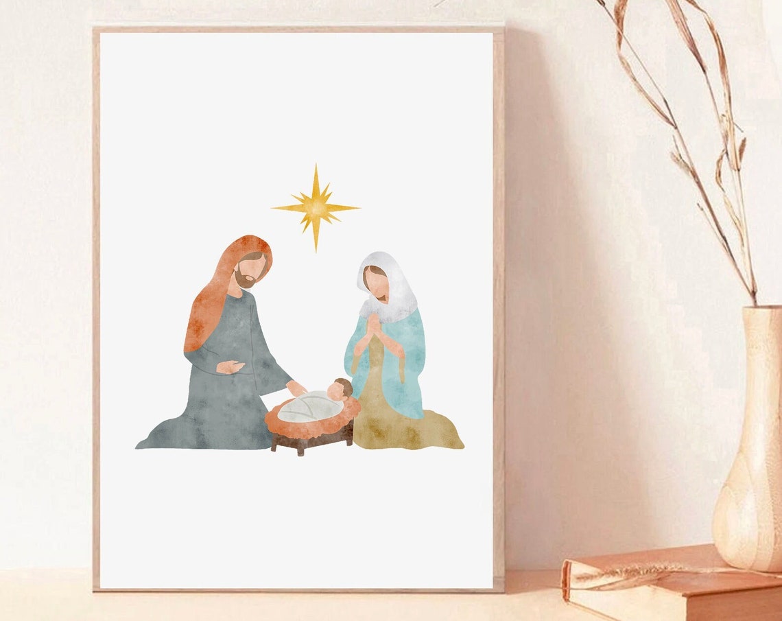 Watercolor Nativity Print Mary Joseph Baby Jesus Christmas Decor Picture Of Jesus Lds Art Print Catholic Godparent Gift Christian Art