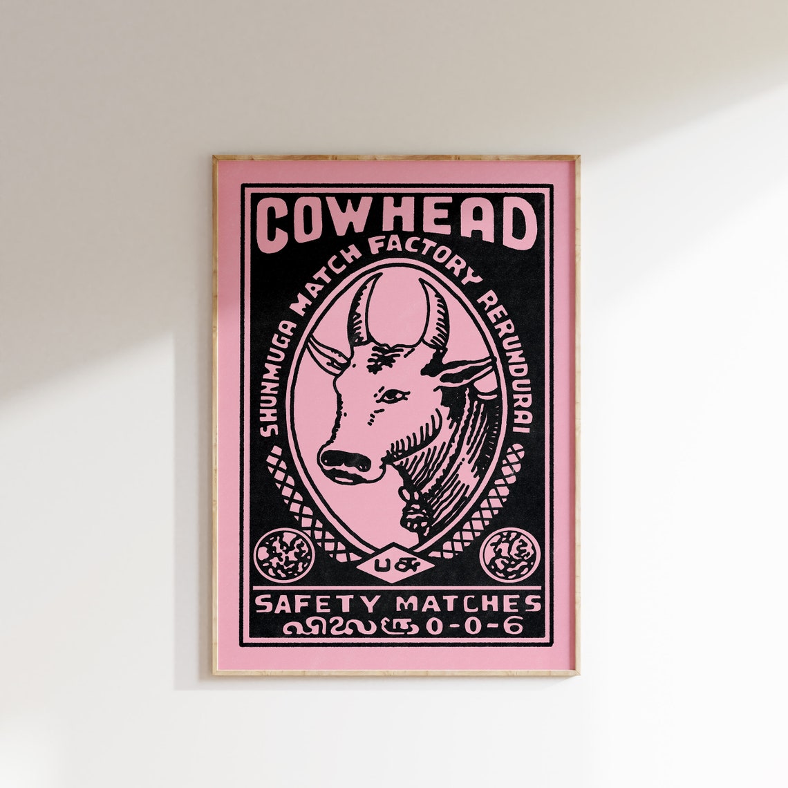 Cowhead Safety Matches Pink Retro Indian Matchbox Label Art Poster