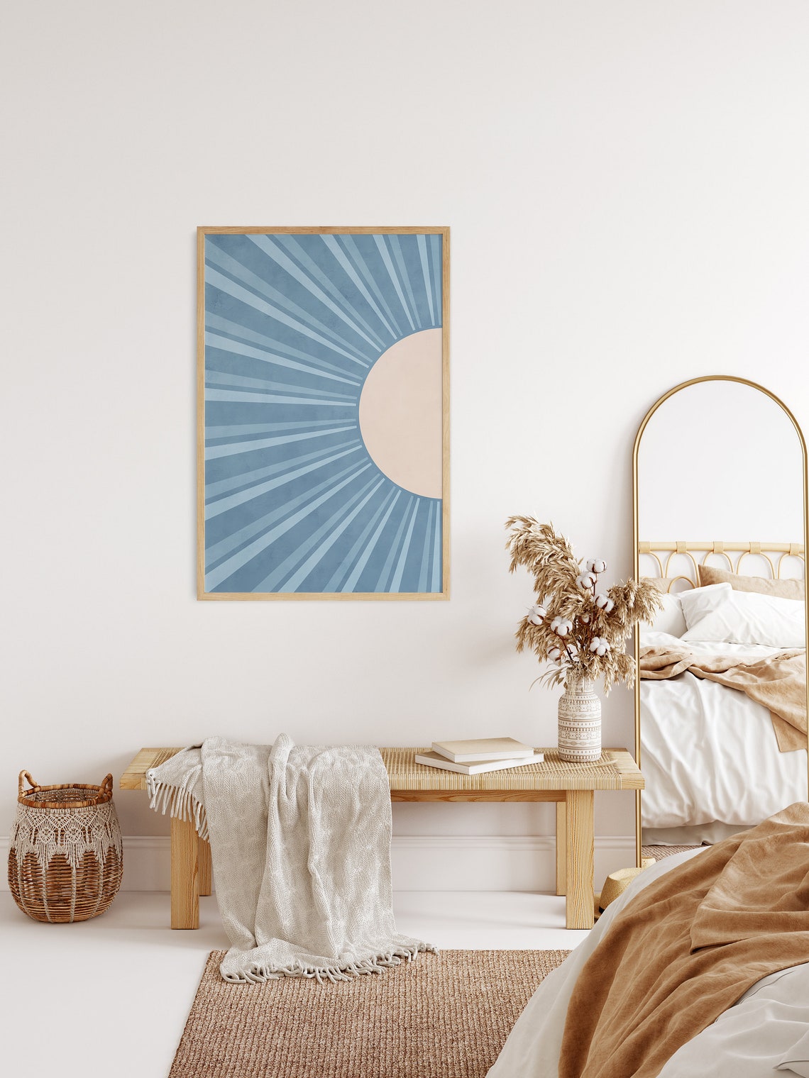 Mid Century Modern Blue Sunburst Rays With Cream Half Sun Poster - Image 2