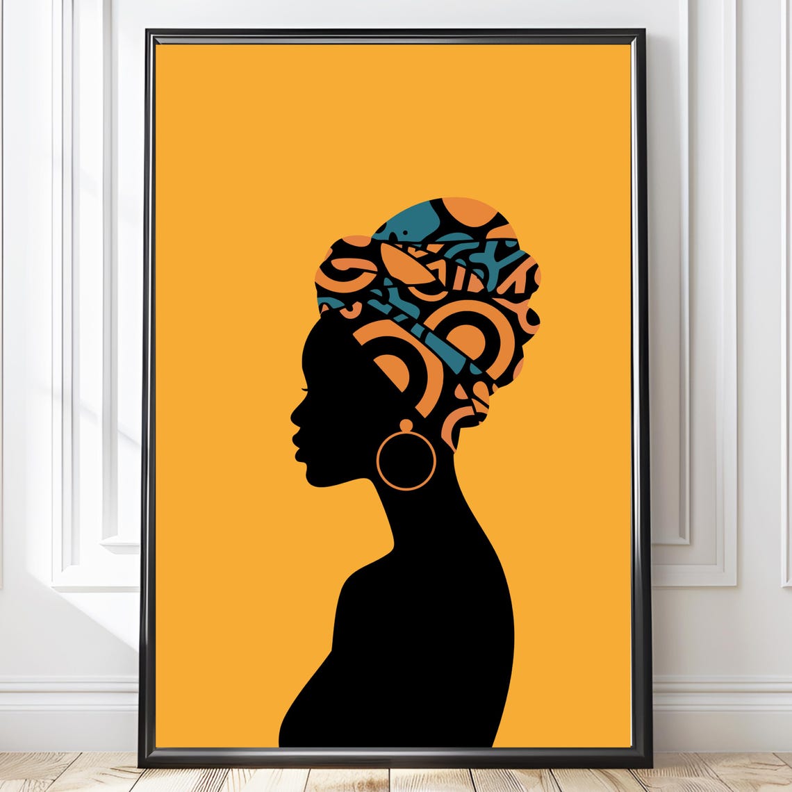 African Woman Headwrap Silhouette Bold Mustard Minimalist Wall Art