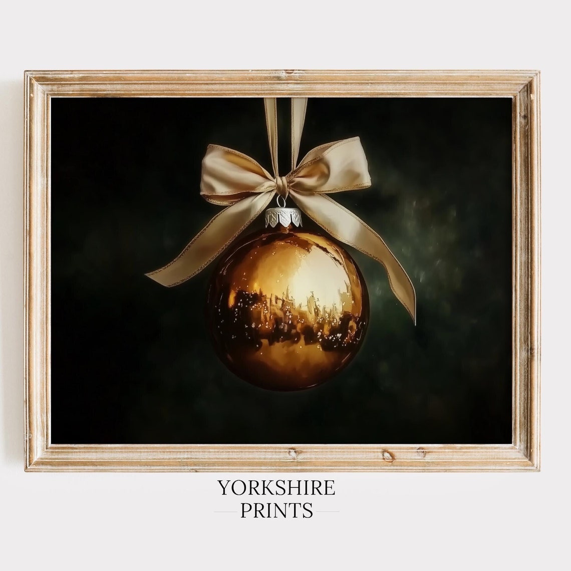 Gold Christmas Ornament Print Christmas Decor Wall Art Christmas Bauble Painting Dark Moody Green Holiday Poster Oil Paint Art