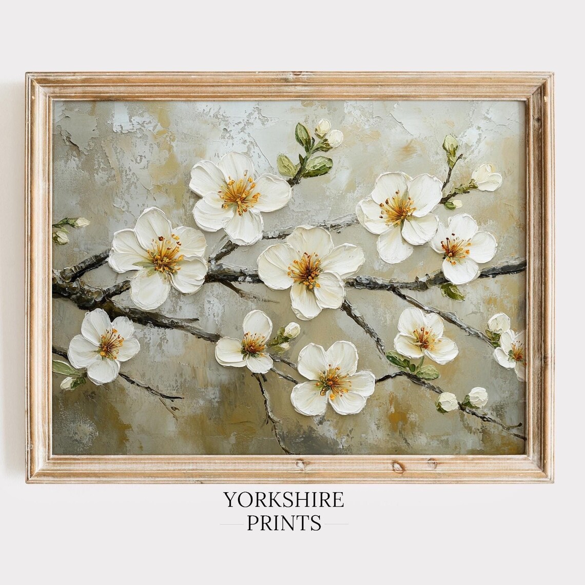 White Cherry Blossom Branch Textured Oil Painting Floral Art Poster