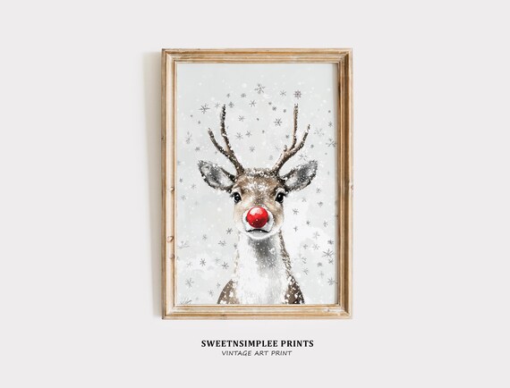 Cute Red Nosed Reindeer With Snowflakes Whimsical Christmas Poster