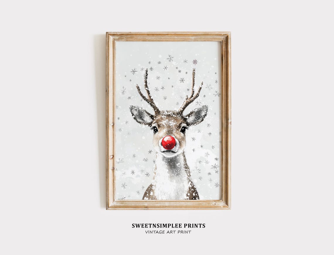 Cute Red Nosed Reindeer With Snowflakes Whimsical Christmas Poster