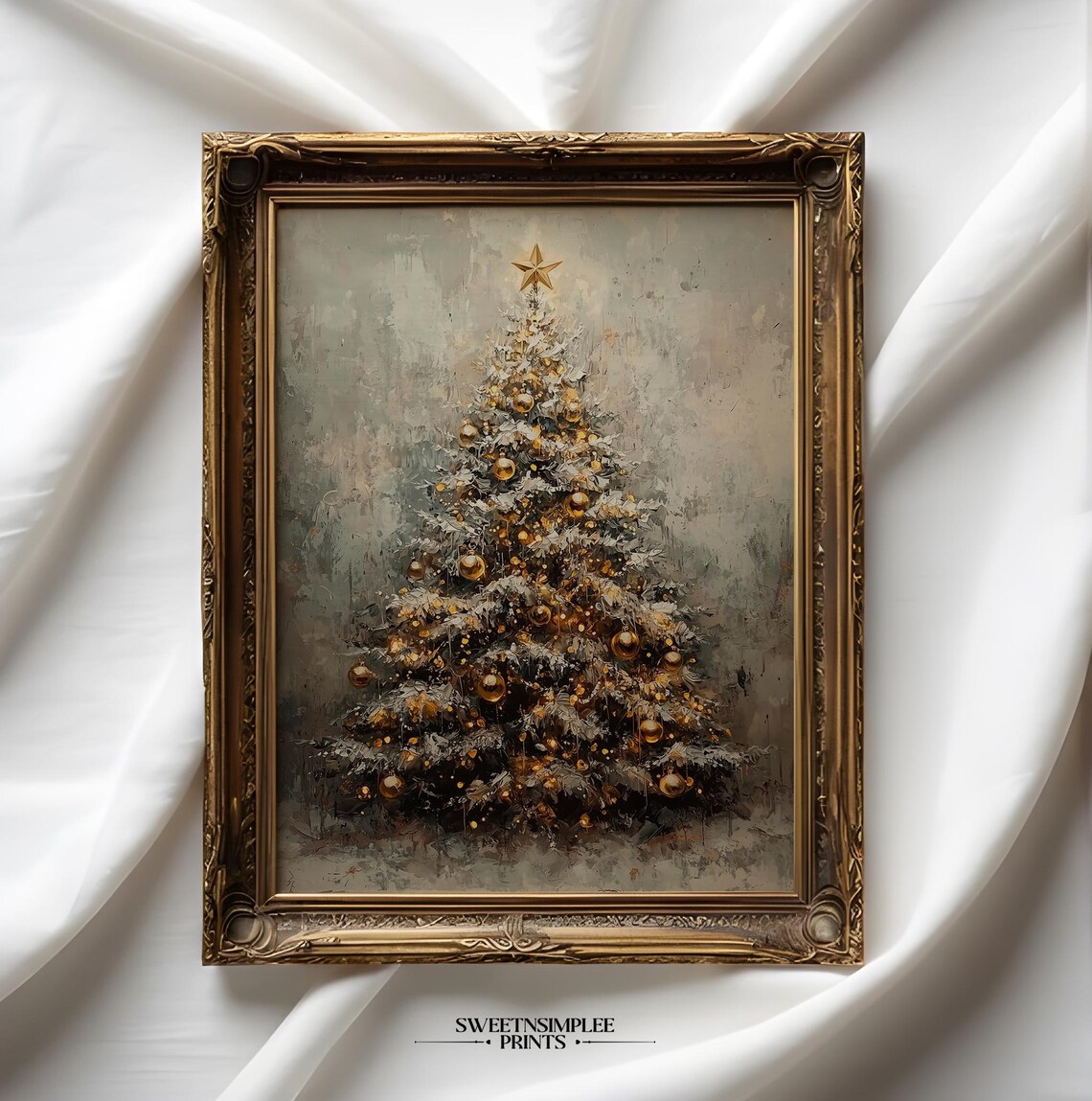 Vintage Christmas Tree With Gold Ornaments And Star Topper Poster