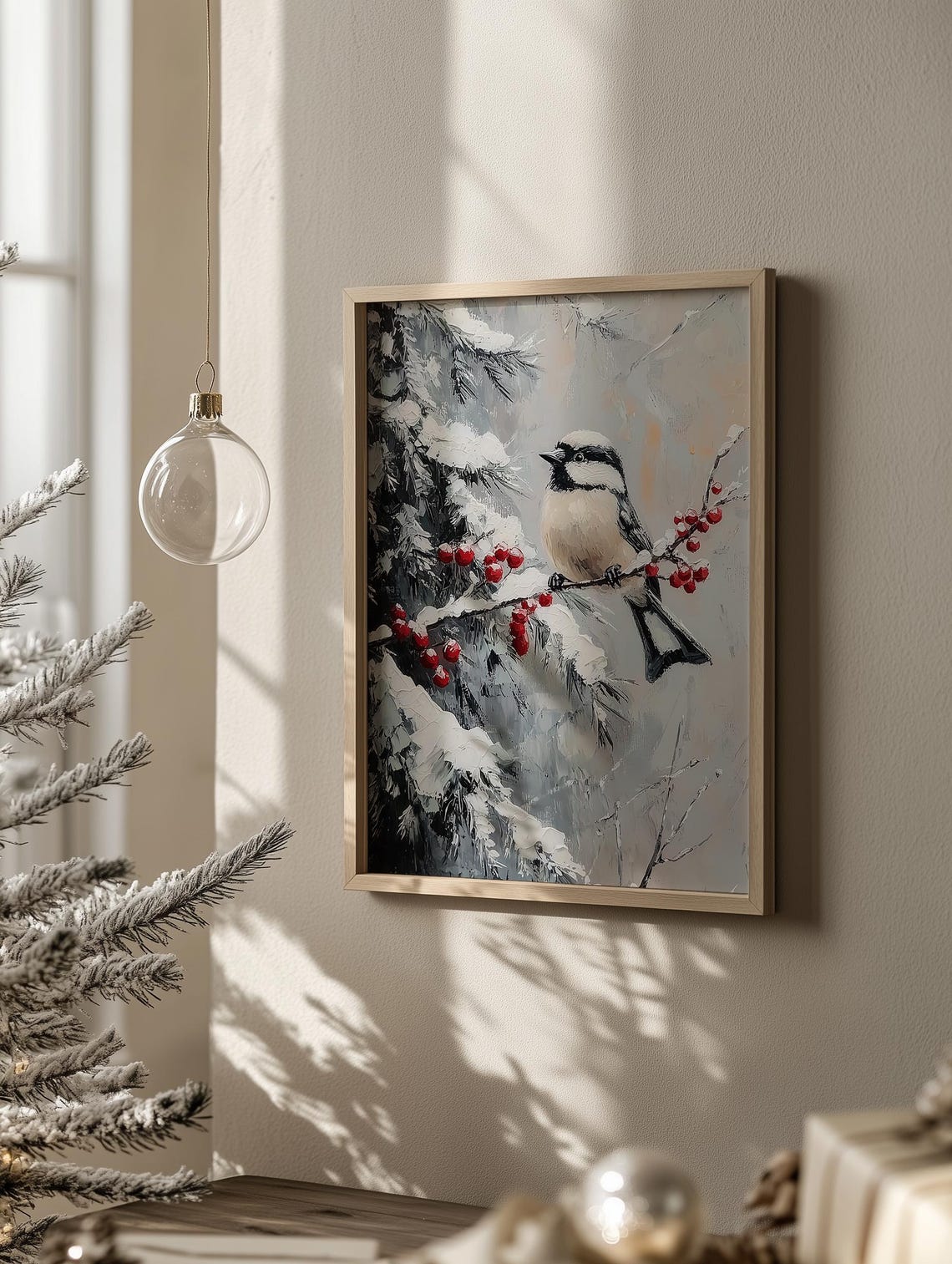 Chickadee Perched On Snowy Berry Branch Winter Bird Oil Poster - Image 3