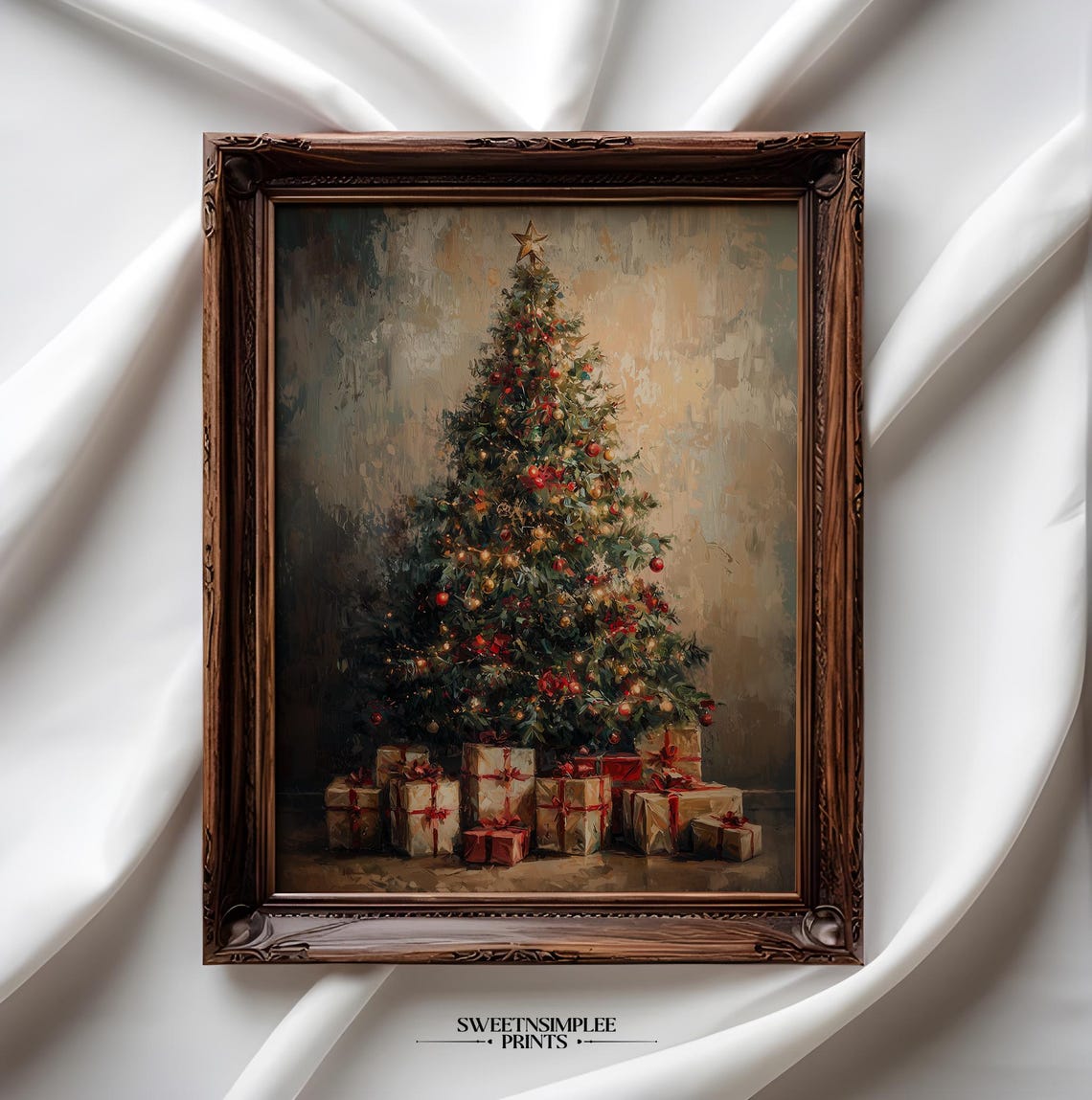 Vintage Christmas Tree With Red Gold Ornaments And Gifts Poster - Image 2