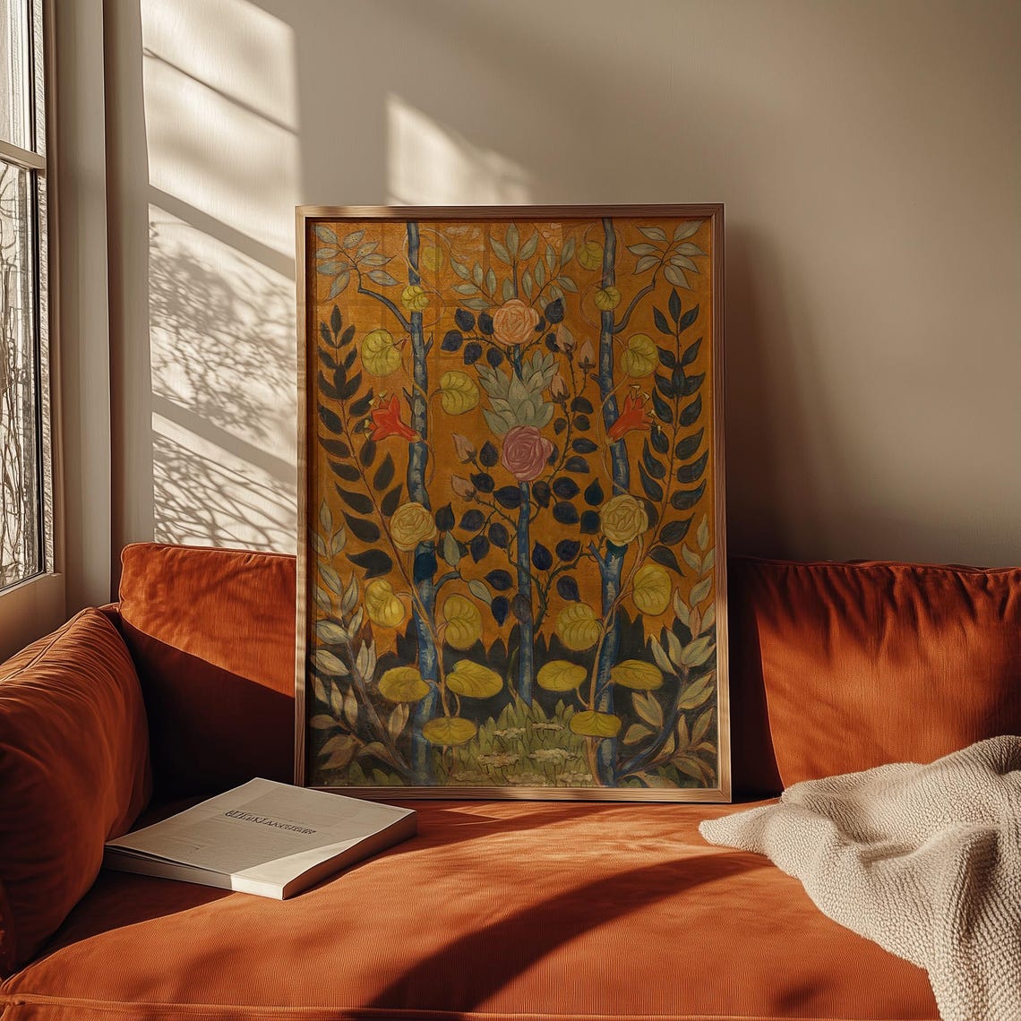 Vintage Folk Art Botanical Stylized Floral Trees Gold Antique Wall Art - Image 3
