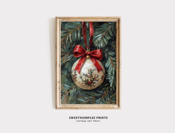Vintage Christmas Ornament With Red Bow on Evergreen Branch Poster