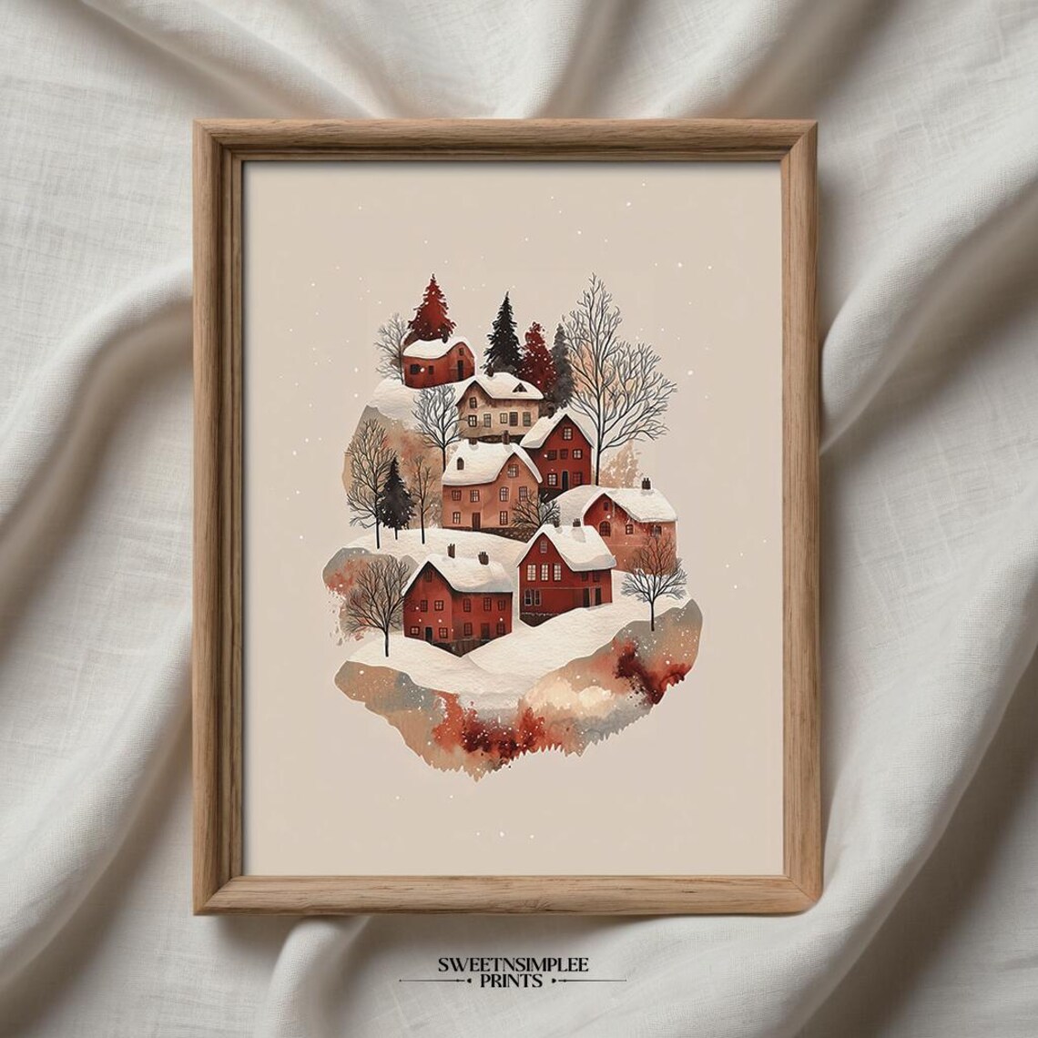 Snowy Village Houses Poster Cozy Red Winter Watercolor Holiday Decor - Image 2