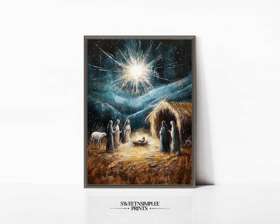 Starry Night Nativity Scene Oil Painting Christian Christmas Poster - Image 2