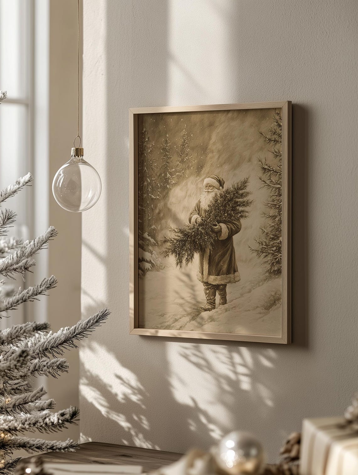 Antique Sepia Santa Carrying Christmas Tree Through Snow Poster - Image 3