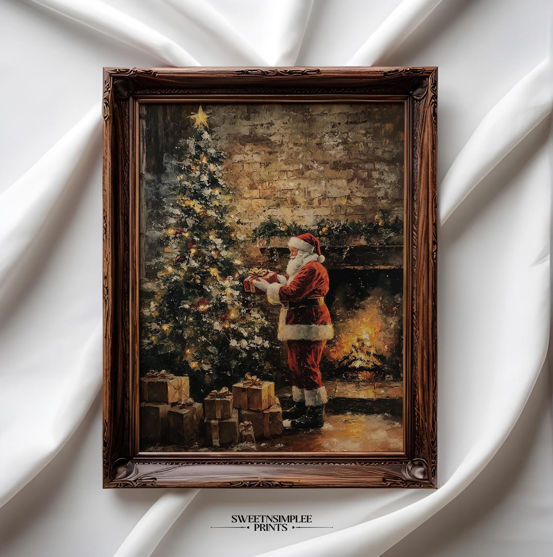 Santa Claus Placing Gifts Under Tree By Fireplace Vintage Poster - Image 2