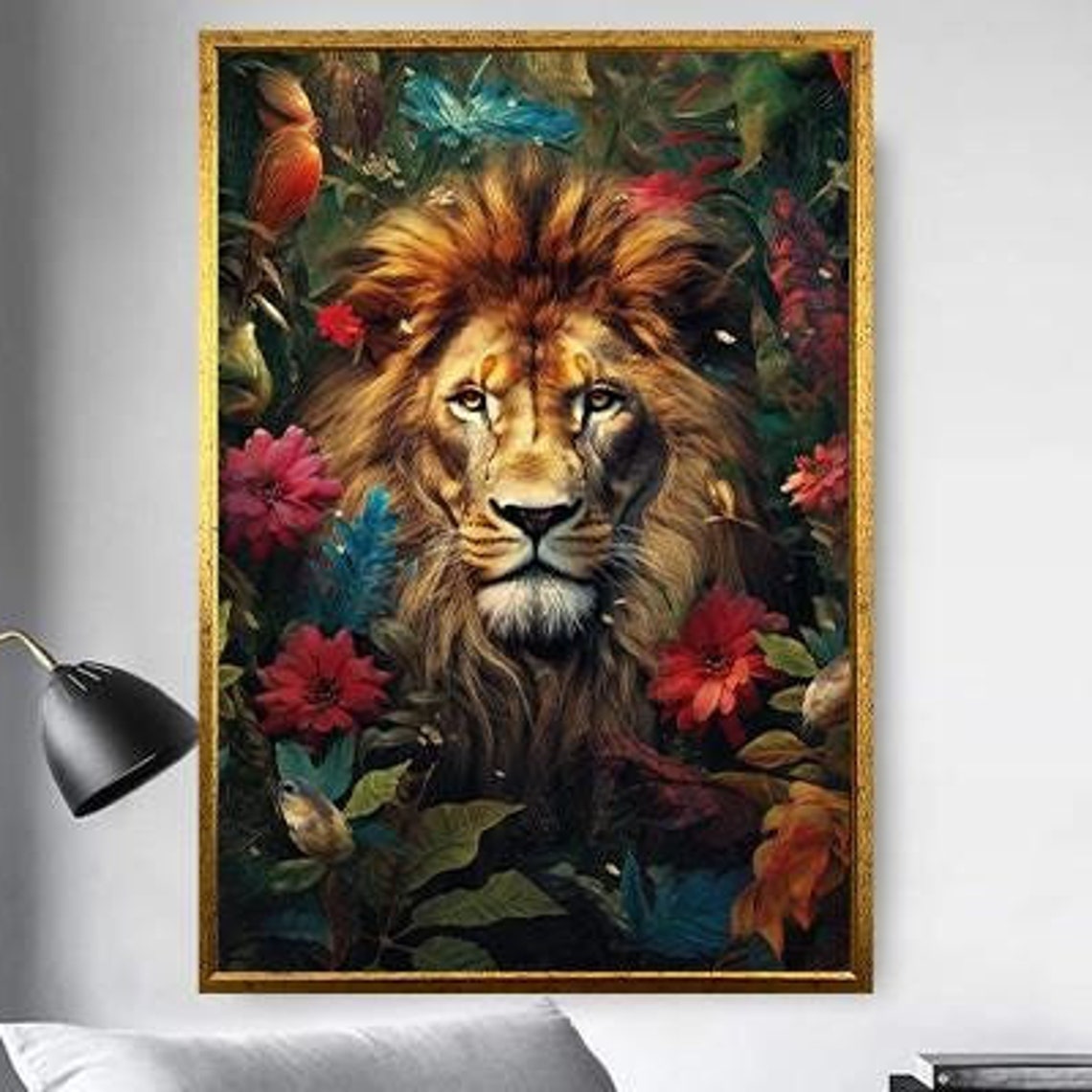 Majestic Lion Surrounded By Colorful Flowers Wildlife Art Poster - Image 5