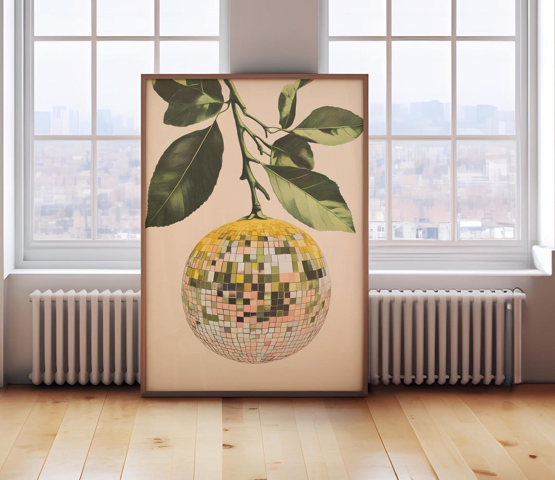 Vintage Lemon Tree Branch Disco Ball Mirror Tile Botanical Wall Art