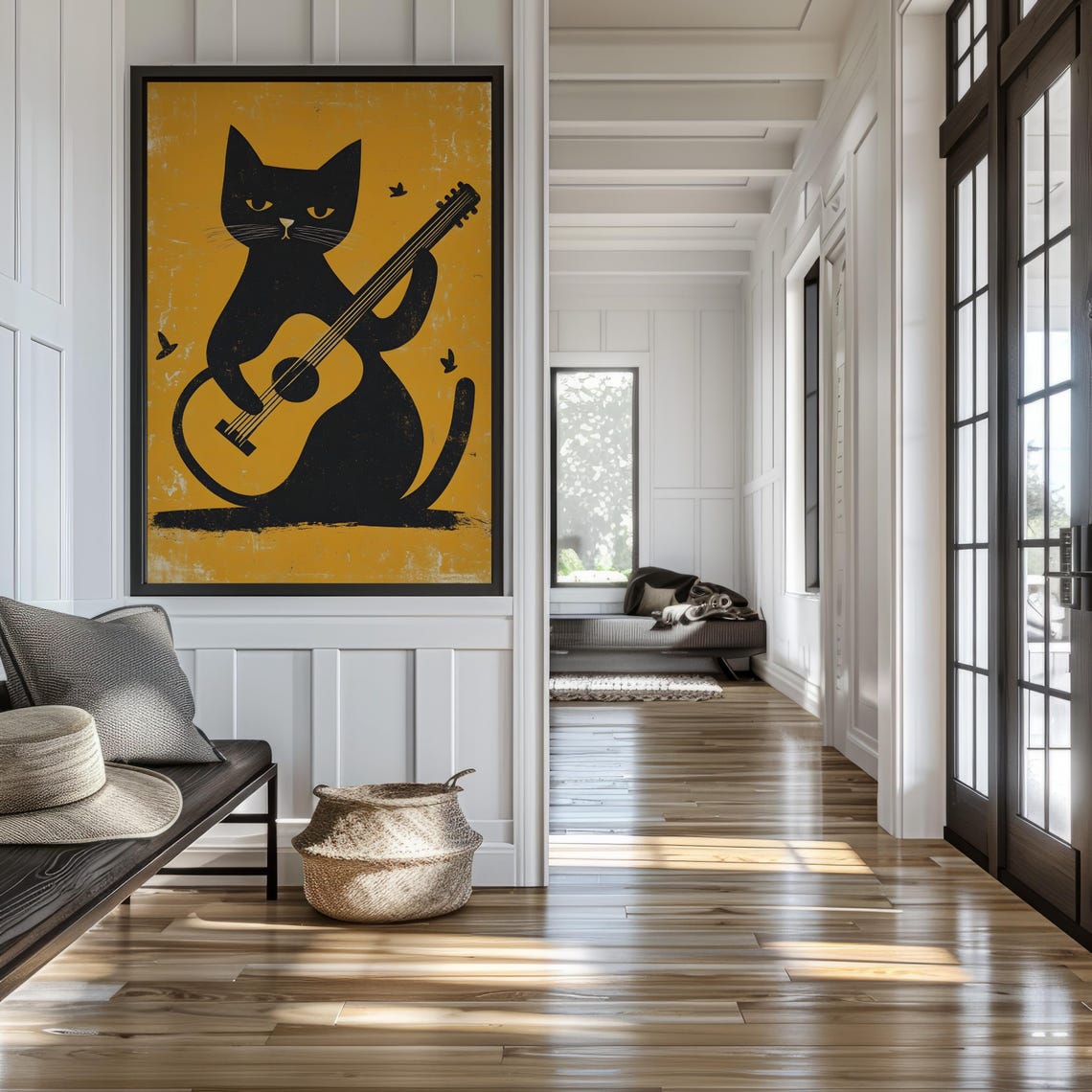A Black Cat Playing Guitar On A Mustard Yellow Retro Wall Art - Image 2