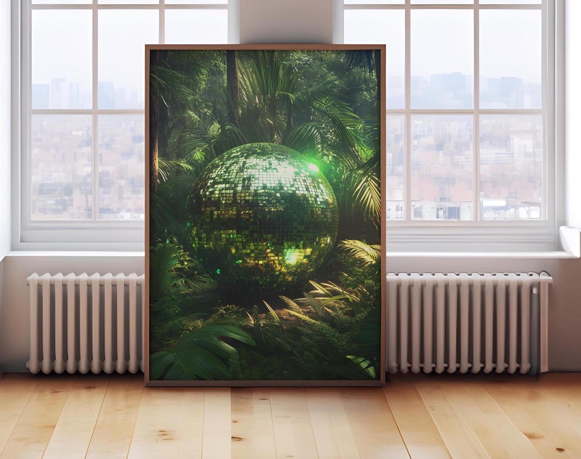 Retro Green Rainforest Disco Ball Poster Funky Disco 70s Print Luxury Mirror Ball Large Mirror Ball Disco