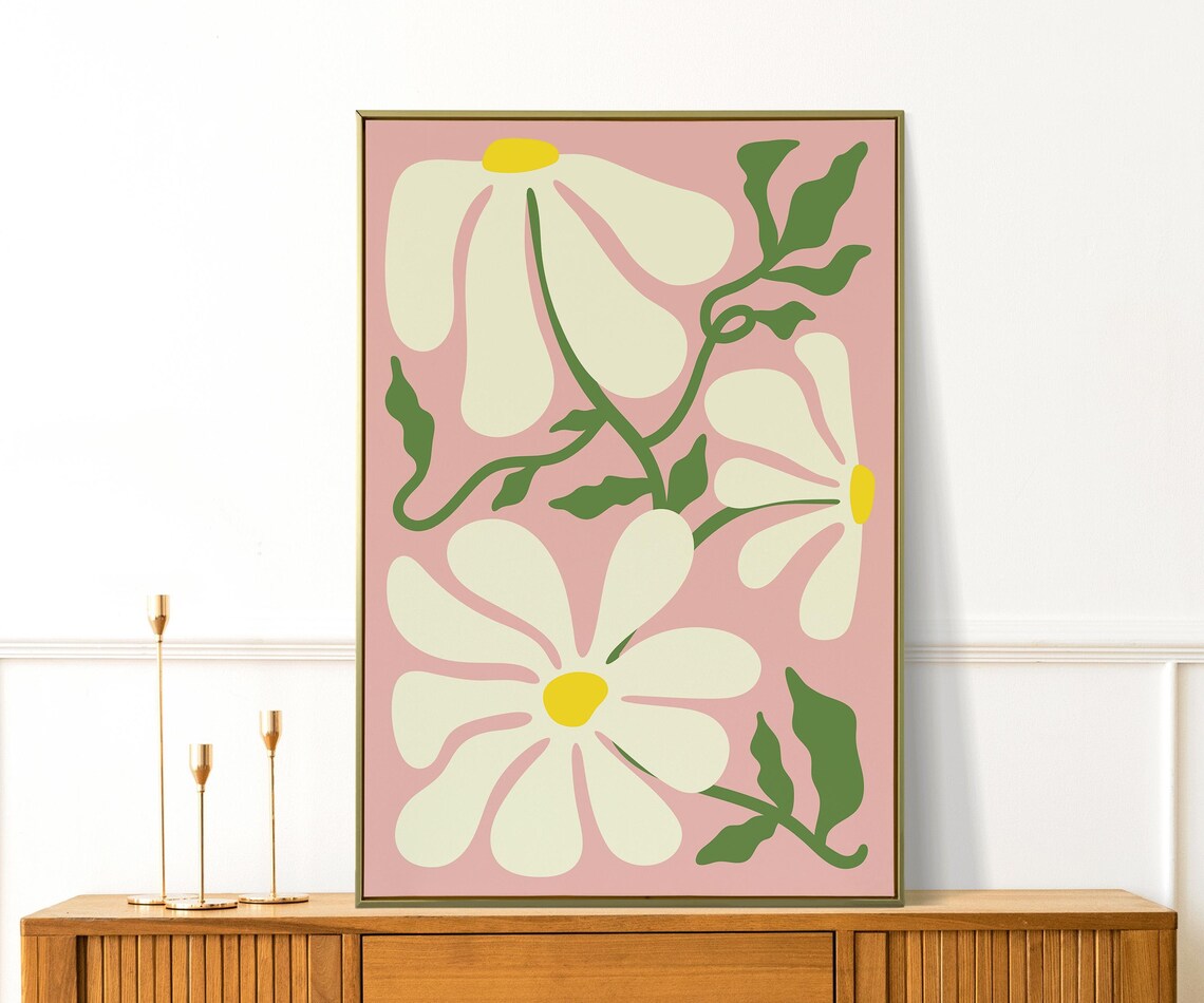 Pink Retro Daisy Cream Floral Maximalist Botanical Wall Poster