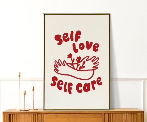 Self Love Self Care Red Floral Hand Lettered Quote Art Poster