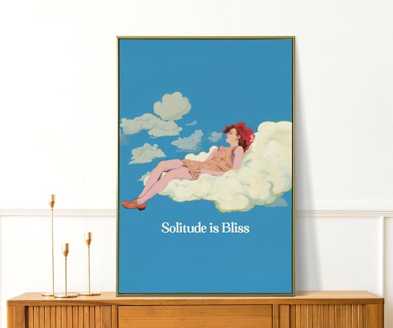Solitude Is Bliss Retro Woman on a Cloud Quote Poster Illustration