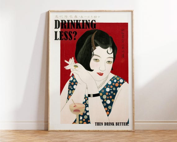 Funny Japanese Wall Art Drinking Less Vintage Retro Bar Cart Living Room And Office Decor Classic Woman Print For Gifts