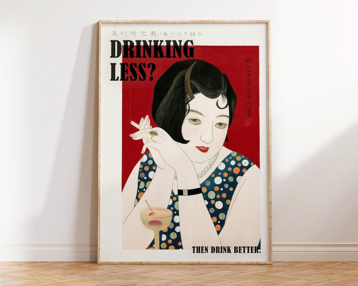 Drinking Less Then Drink Better Japanese Retro Bar Art Poster
