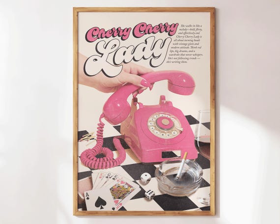 Cherry Lady Print Girly Wall Art Retro Apartment Decor Trendy Preppy Bar Cart Vintage 70s