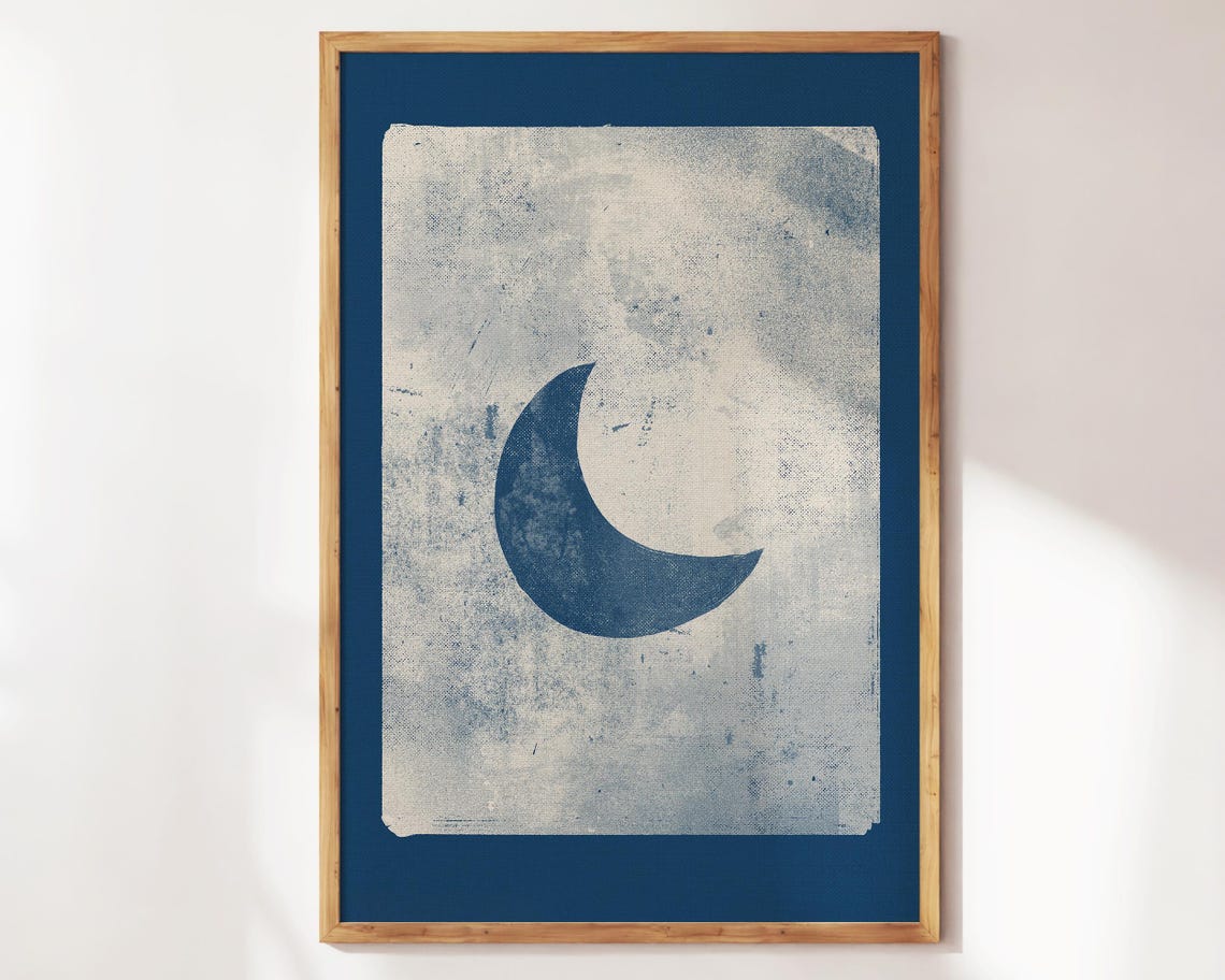 Crescent Moon Minimalist Blue Vintage Texture Celestial Poster