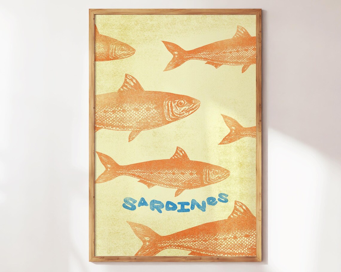 Retro Orange Sardines Fish Illustration Kitchen Decor Poster
