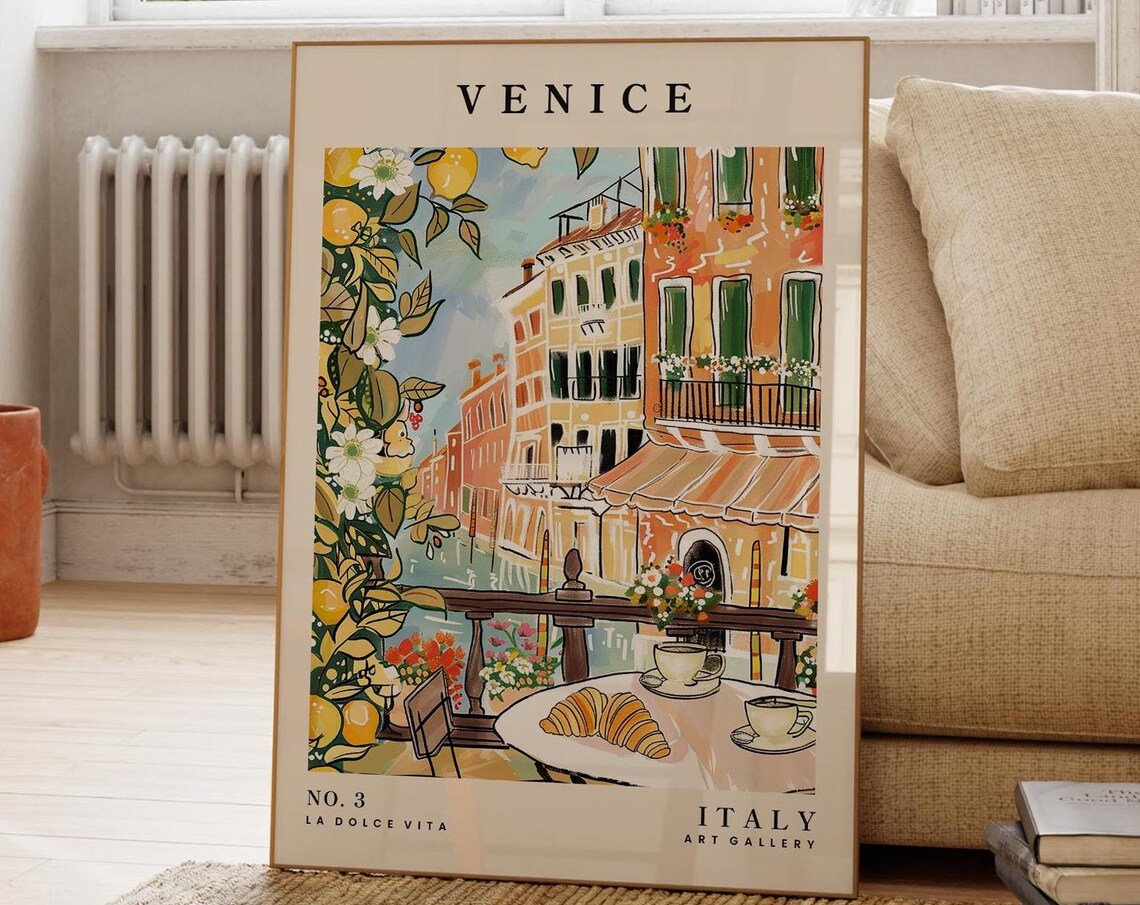 Venice Italy Canal Cafe Croissants La Dolce Vita Art Travel Poster