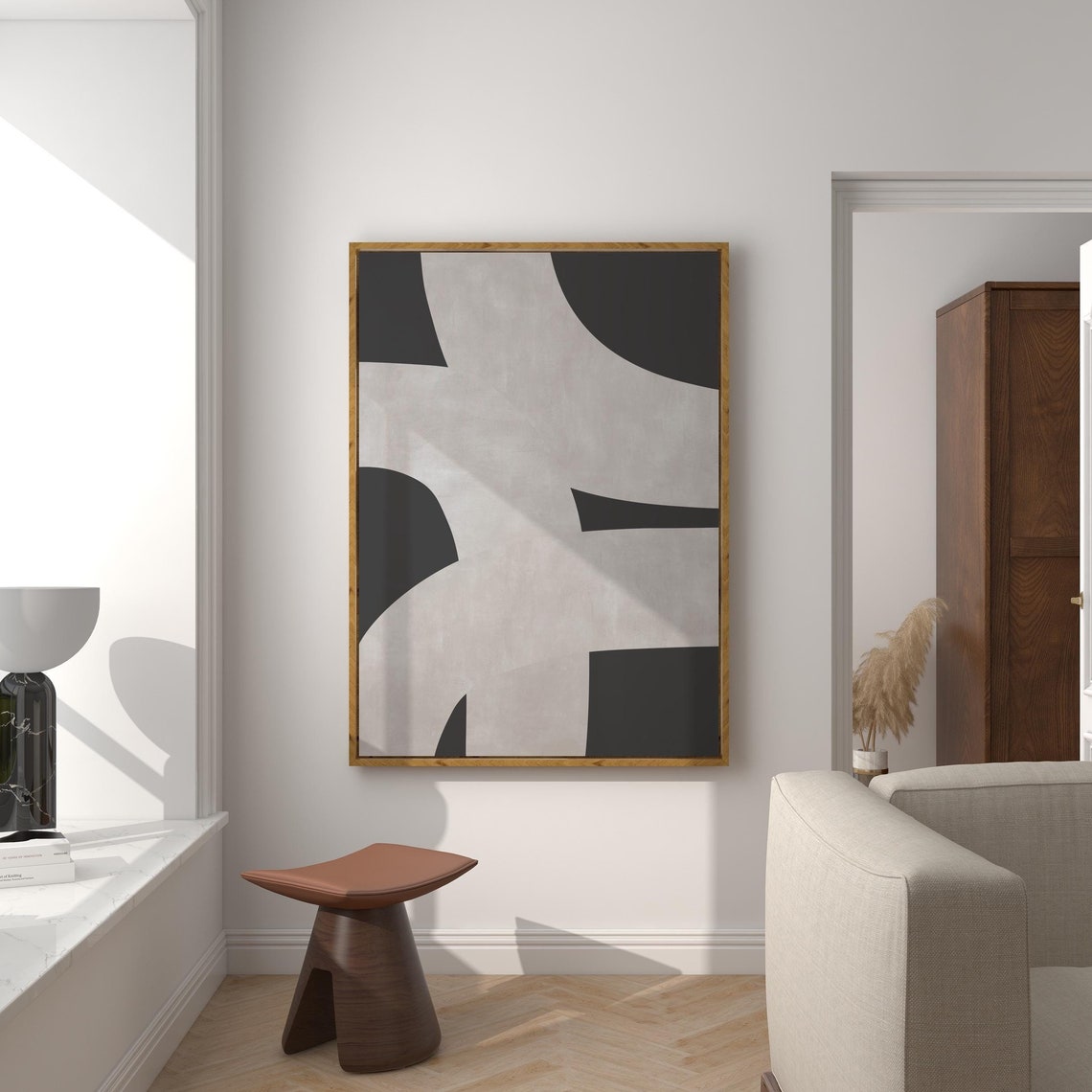 Soft Black Ashy Beige Organic Curves Square Abstract Art Poster