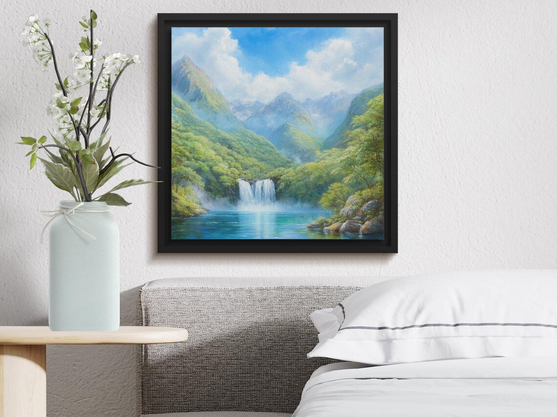 Mountain Waterfall Lush Green Forest Lake Serene Valley Nature Poster - Image 3