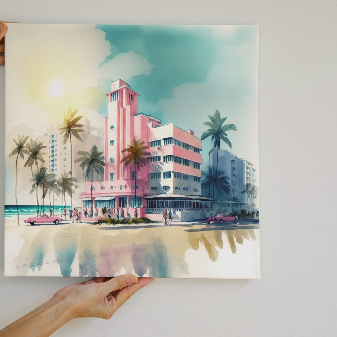 Pink Art Deco Hotel Miami Beach Palms Watercolor Travel Poster - Image 5