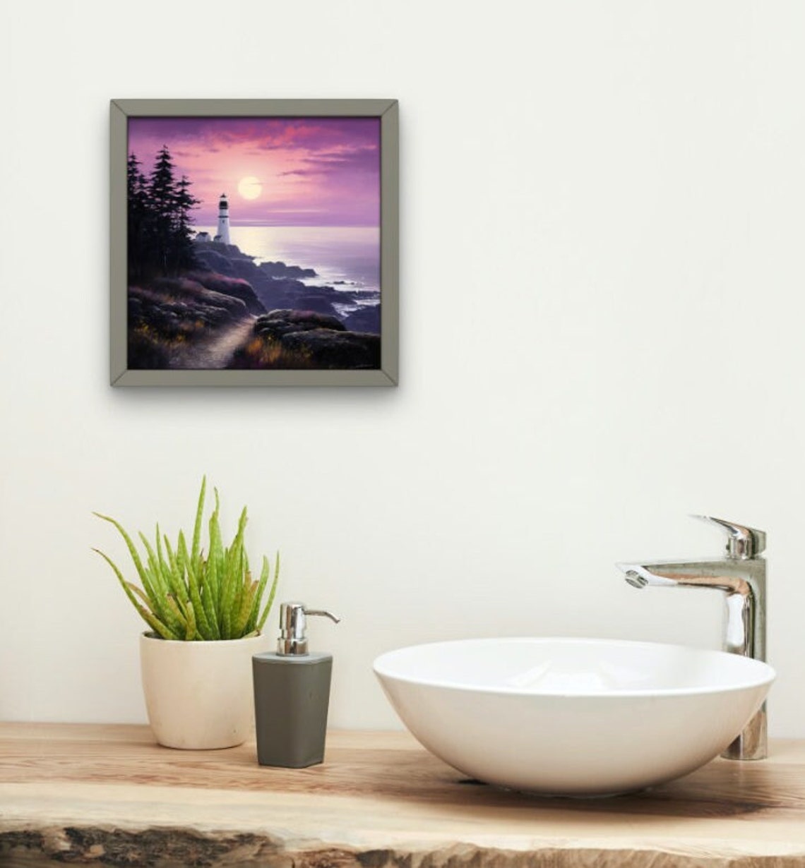 Coastal Lighthouse Sunset Rocky Shore Purple Dusk Seascape Art Poster - Image 3