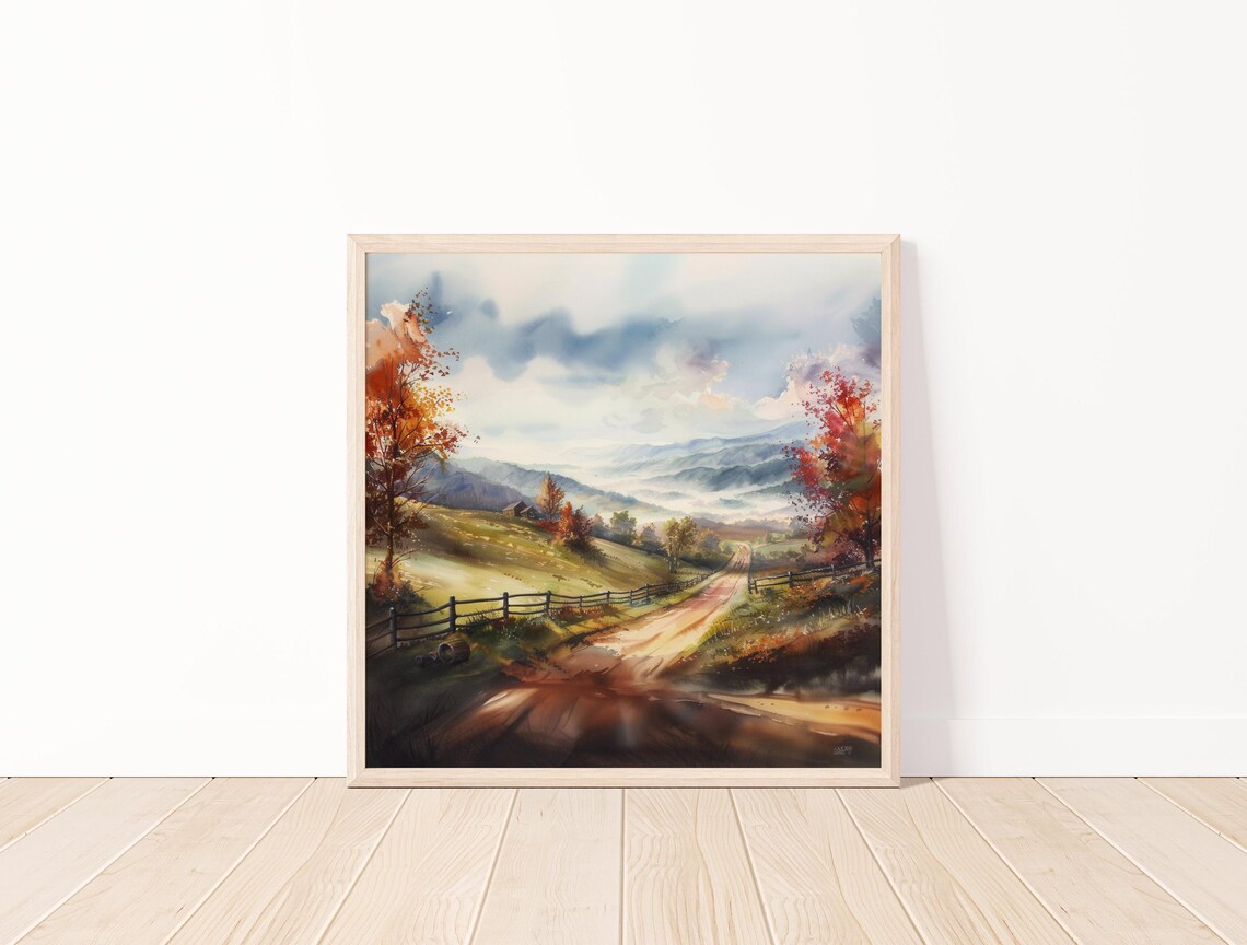 Scenic Watercolor Countryside Autumn Landscape Art Print