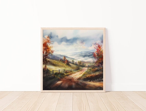 Scenic Watercolor Countryside Autumn Landscape Art Print